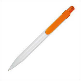 Пластиковая ручка белый корпус, клип и кнопка оранжевые