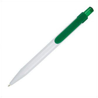 Пластиковая ручка белый корпус, клип и кнопка темно-зеленые