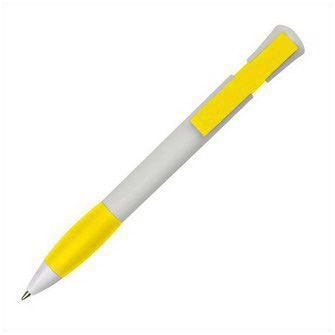 Ручка из пластика корпус белый, резинка  и клип желтые