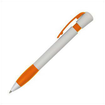 Ручка из пластика корпус белый, резинка  и клип оранжевые