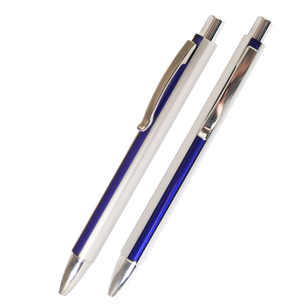 Ручка шариковая пластиковая "Кота", серебристый корпус с синей полосой, клип, кнопка, наконечник хромированные.