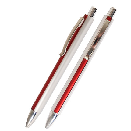 Ручка шариковая пластиковая "Кота", серебристый корпус с красной полосой, клип, кнопка, наконечник хромированные.