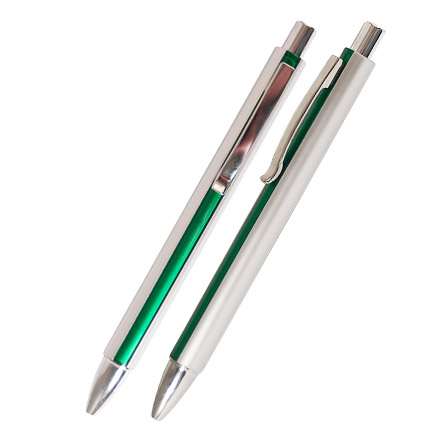 Ручка шариковая пластиковая "Кота", серебристый корпус с зеленой полосой, клип, кнопка, наконечник хромированные.