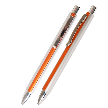 Ручка шариковая пластиковая "Кота", серебристый корпус с оранжевой  полосой, клип, кнопка, наконечник хромированные.