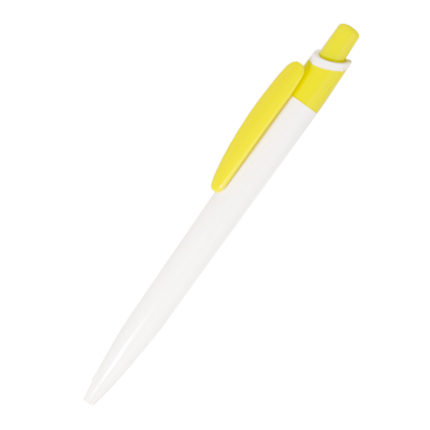 Ручка шариковая пластиковая "Малага", нажимной механизм, белый корпус, цветной клип и кнопка, желтая