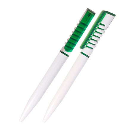 Ручка шариковая пластиковая "Монтеро", нажимной механизм, белый корпус, клип и пружина зеленые