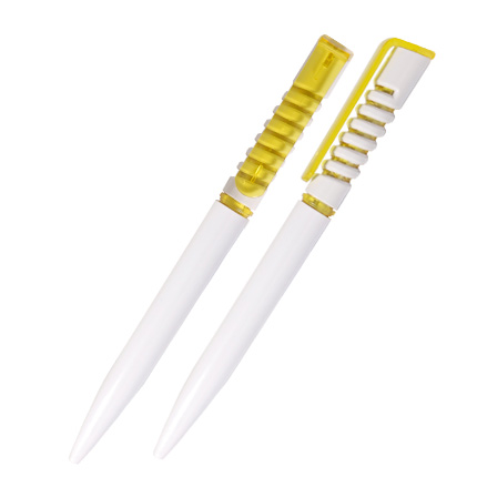 Ручка шариковая пластиковая "Монтеро", нажимной механизм, белый корпус, клип и пружина желтые