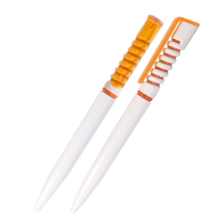 Ручка шариковая пластиковая "Монтеро", нажимной механизм, белый корпус, клип и пружина оранжевые