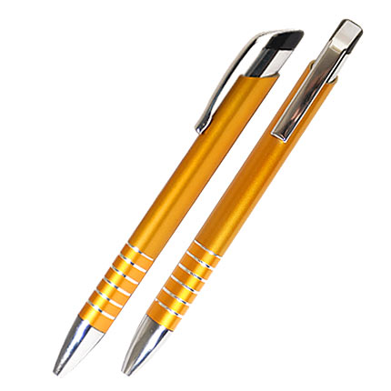 Ручка шариковая пластиковая, метализированный корпус, серебристый клип и 6 колец на грипе, оранжевая