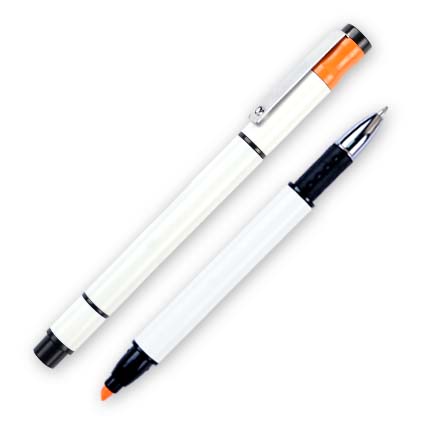 Ручка шариковая пластиковая, с оранжевым маркером, белая.