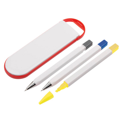 Набор «Квартет»: шариковая ручка, маркер и карандаш в футляре красного цвета