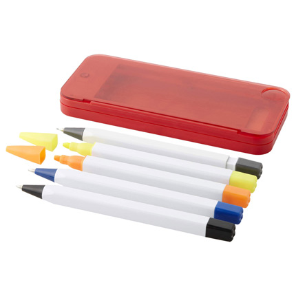 Набор пишущих инструментов в пенале "Scribe": 2 ручки, механический карандаш и 2 маркера в футляре красного цвета