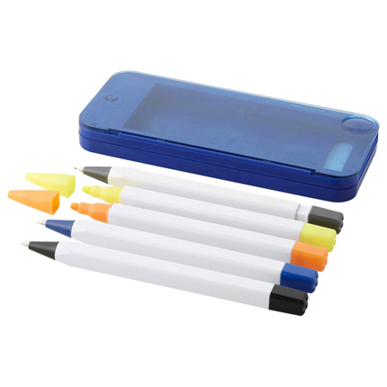 Набор пишущих инструментов в пенале "Scribe": 2 ручки, механический карандаш и 2 маркера в футляре синего цвета