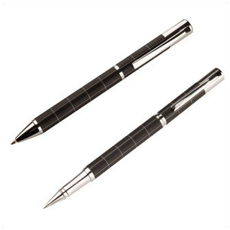 Набор: ручка шариковая и ручка роллер черные с серебристым в подарочной коробке из черного кожзаменителя