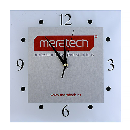 Настенные стеклянные часы с логотипом размер 30х30 см, циферблат металлический 20х20см