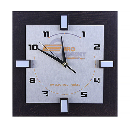 Настенные часы с логотипом, размер 27х27 см, деревянный корпус цвета венге, циферблат металлический 20х20 см