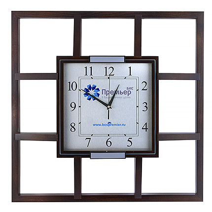 Настенные часы с логотипом, размер 55х55 см, деревянный корпус цвета венге, циферблат металлический 24х24 см