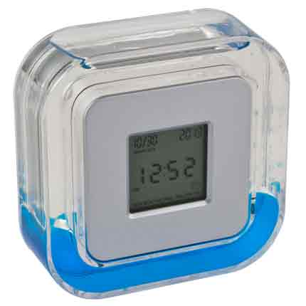 Настольные многофункциональные часы в пластиковом корпусе с голубой жидкостью