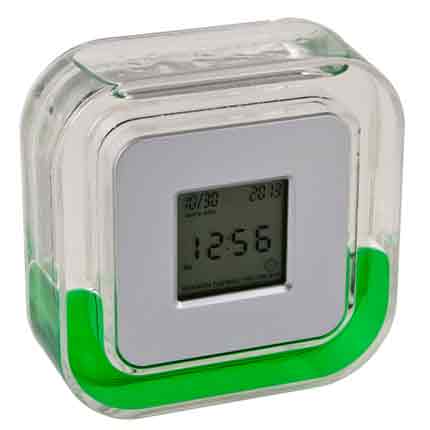 Настольные многофункциональные часы в пластиковом корпусе с зеленой жидкостью