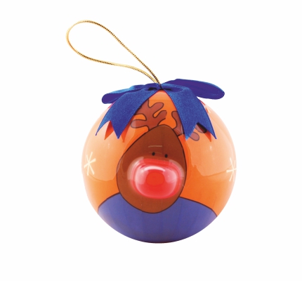Елочный шарик «Лось», 80 мм, оранжевый с синим бантом