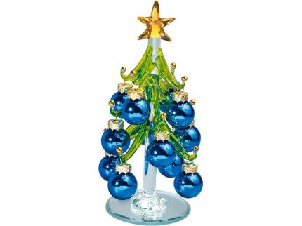 Стеклянная елка на зеркальной подставке с миниатюрными шариками, цвет синий