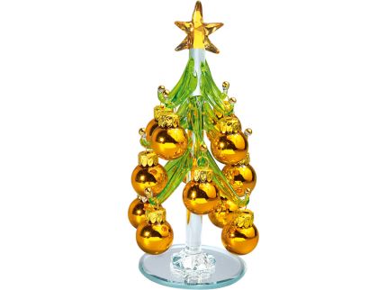 Стеклянная елка на зеркальной подставке с миниатюрными шариками, цвет золотой