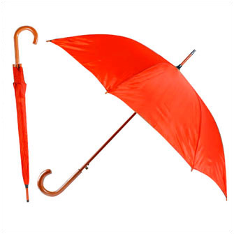 Зонт-трость с деревянной изогнутой ручкой. Купол - полиэстер  190Т. Автоматическое открытие. Деревянный корпус. Алый warm red C