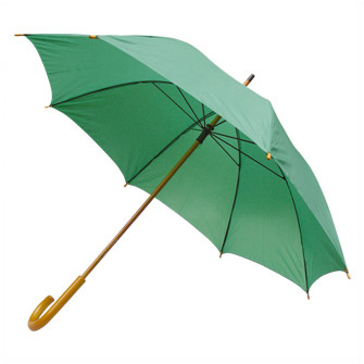 Зонт-трость с деревянной изогнутой ручкой. Купол - полиэстер  190Т. Автоматическое открытие. Деревянный корпус. Зелёный 349C