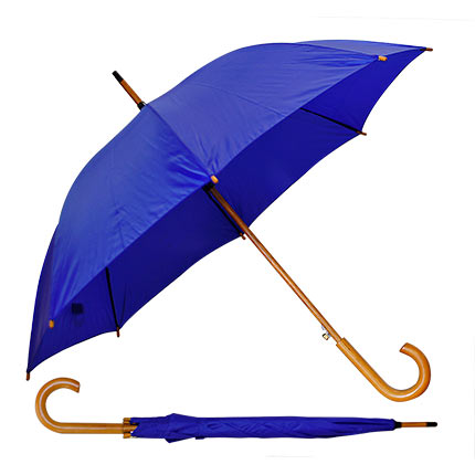 Зонт-трость с деревянной изогнутой ручкой. Купол - полиэстер  190Т. Автоматическое открытие. Деревянный корпус. Синий 286 С