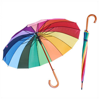 Зонт-трость "Rainbow"с деревянной изогнутой ручкой.  Автоматическое открытие. Деревянный корпус. 16 цветных панелей. Диаметр купола - 120 см