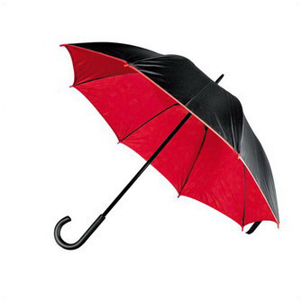Зонт-трость механический с изогнутой ручкой из дерева, снаружи черный, внутри красный