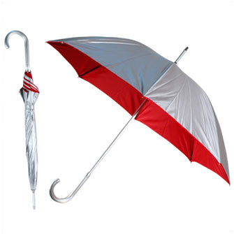 Зонт-трость "BICOLOUR" с алюминиевой изогнутой ручкой, механический. Снаружи серебристый, внутри красный