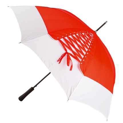 Зонт-трость «Канкан», полуавтоматический, стержень металлический с деревянной ручкой, купол красный (пантон 200C) с белым