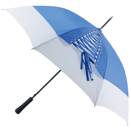 Зонт-трость «Канкан», полуавтоматический, стержень металлический с деревянной ручкой, купол синий (пантон 287C) с белым