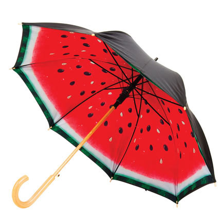 Зонт-трость ««Арбуз»» механический с деревянной ручкой,  купол снаружи чёрный, изнутри с красным рисунком