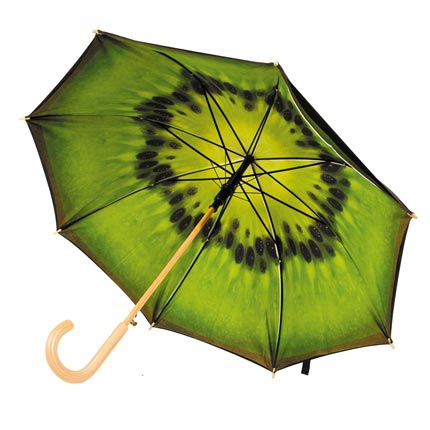 Зонт-трость «Киви» механический с деревянной ручкой,  купол снаружи чёрный, изнутри с зелёным рисунком
